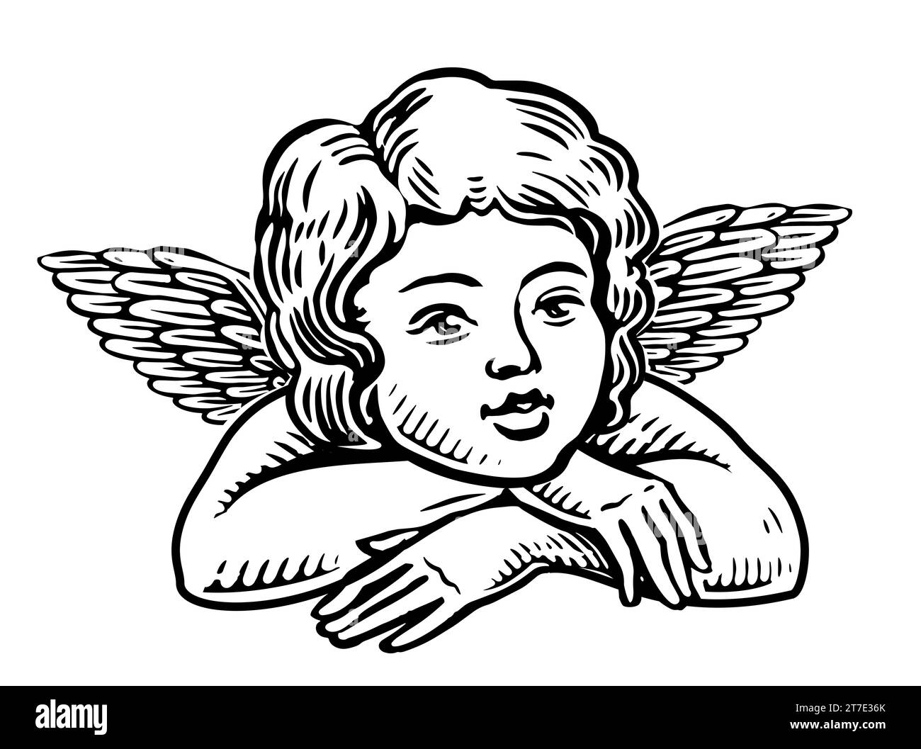 Bébé mignon avec des ailes. Petit ange dessiné à la main. Esquissez une illustration vintage Banque D'Images