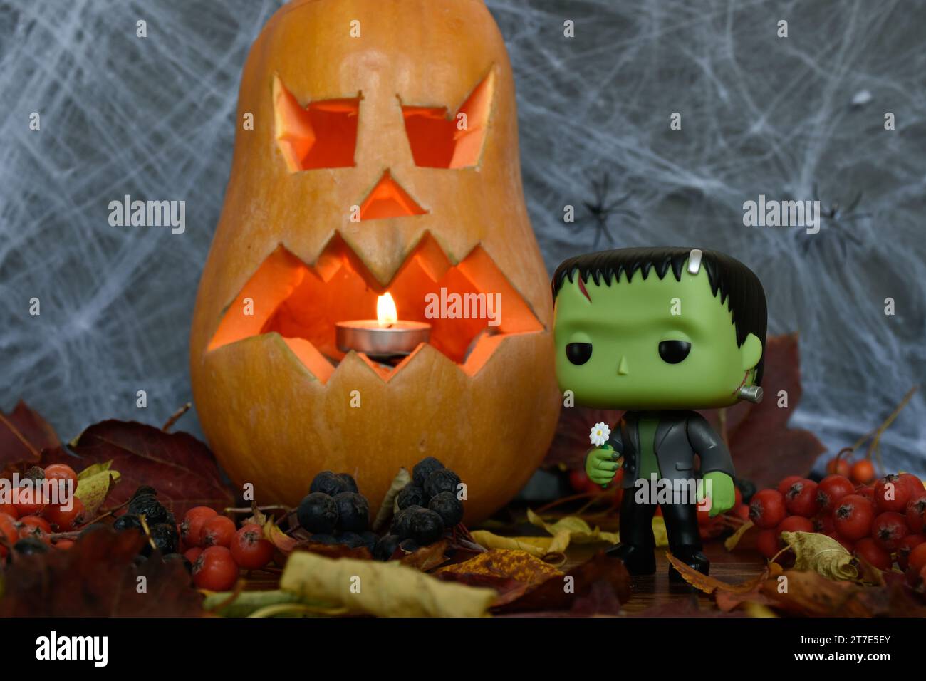 Funko Pop figurine d'action du monstre de Frankenstein du film d'horreur classique. Halloween, Jack o lanterne, toile d'araignée, feuilles d'automne, effrayante, hanté. Banque D'Images