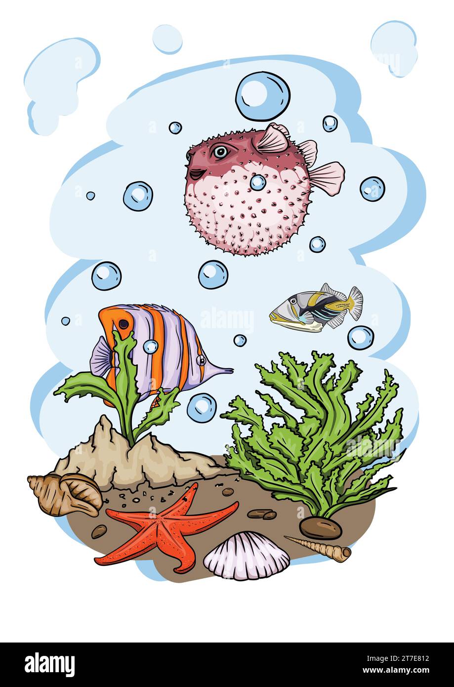 Illustration vectorielle lumineuse du monde sous-marin avec de beaux poissons, coquillages, algues dans la mer Illustration de Vecteur