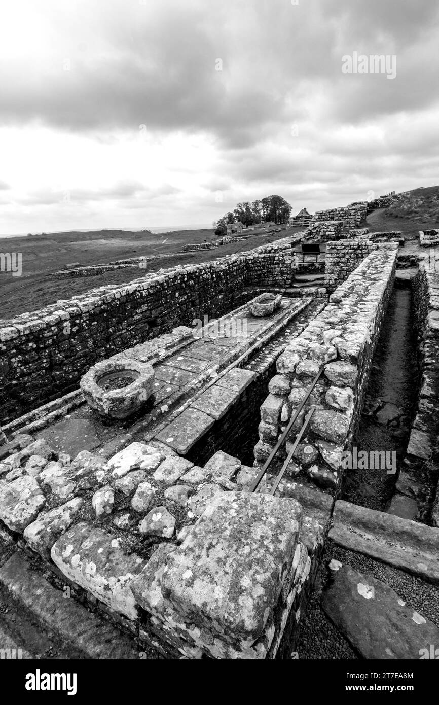 Vue en noir et blanc des latrines publiques à Housesteads fort, l'un des anciens forts romains le long du mur d'Hadrien Banque D'Images