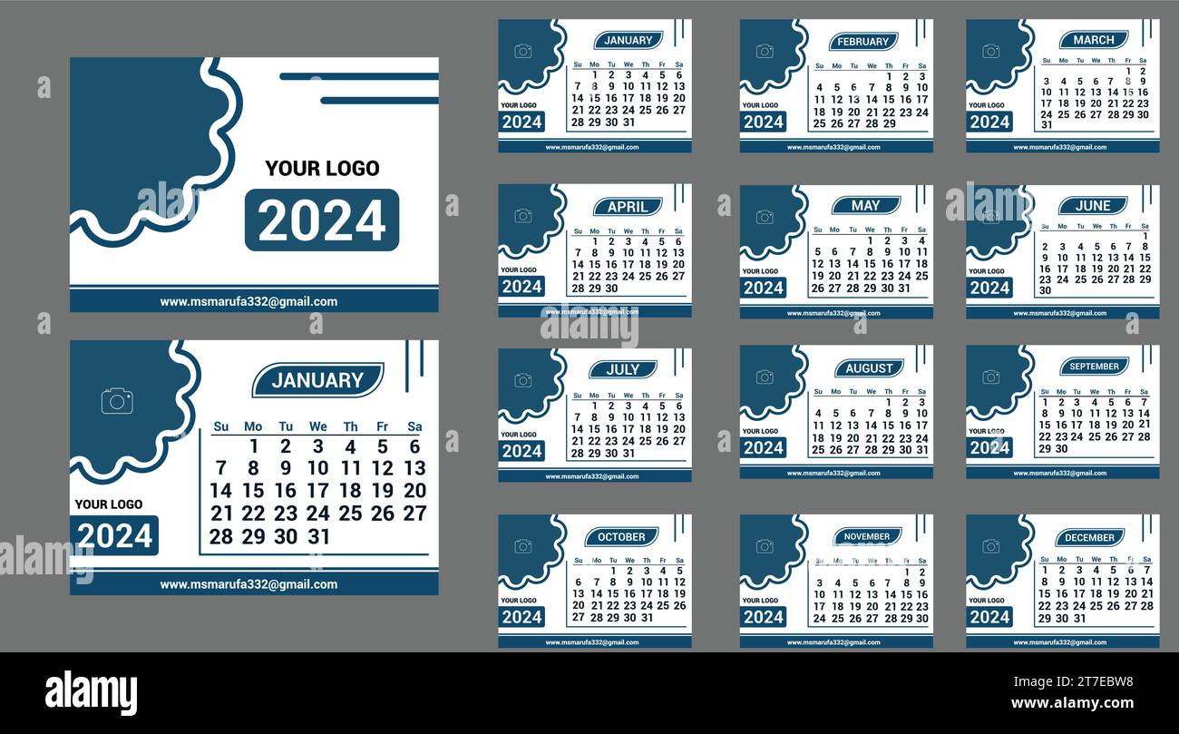 Élégant Modèle Bleu De Calendrier Mural 2024 Un Vecteur De