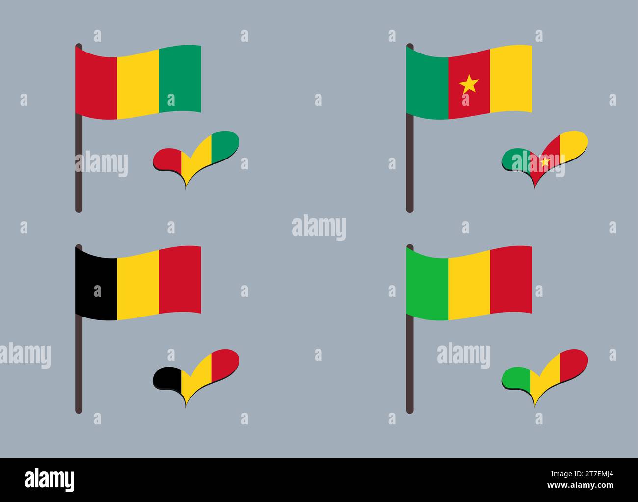 Ensemble de drapeaux (Belgique, Guinée, Cameroun, Mali). Coeur en couleurs de drapeau. Ensemble de symboles nationaux. Illustration de Vecteur