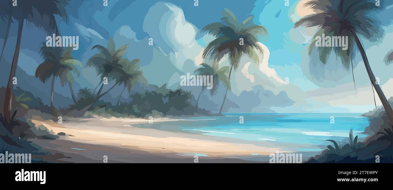 Bannière Paradise plage d'une île tropicale, palmiers, sable blanc, eau azur, ciel avec nuages. Vecteur Illustration de Vecteur