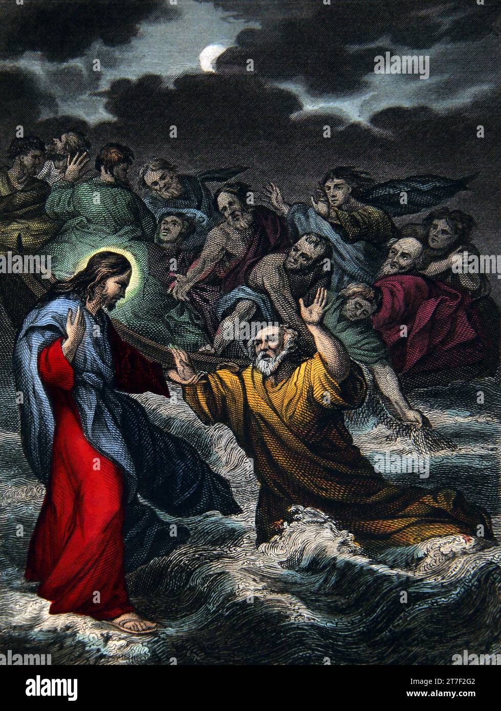 Illustration de la foi de Pierre lui fait défaut de la Bible de la famille auto-interprétant l'apôtre Pierre est sorti du bateau et est venu à Jésus qui marchait dessus Banque D'Images