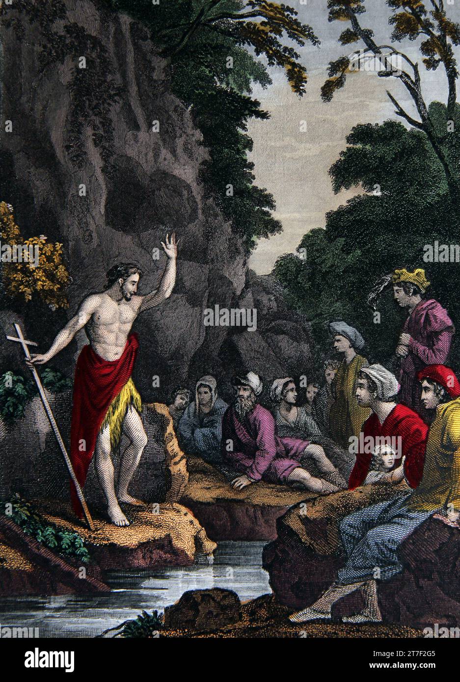 Illustration de la prédication de Saint Jean-Baptiste dans la nature sauvage tirée de la Bible de la famille auto-interprétante Banque D'Images