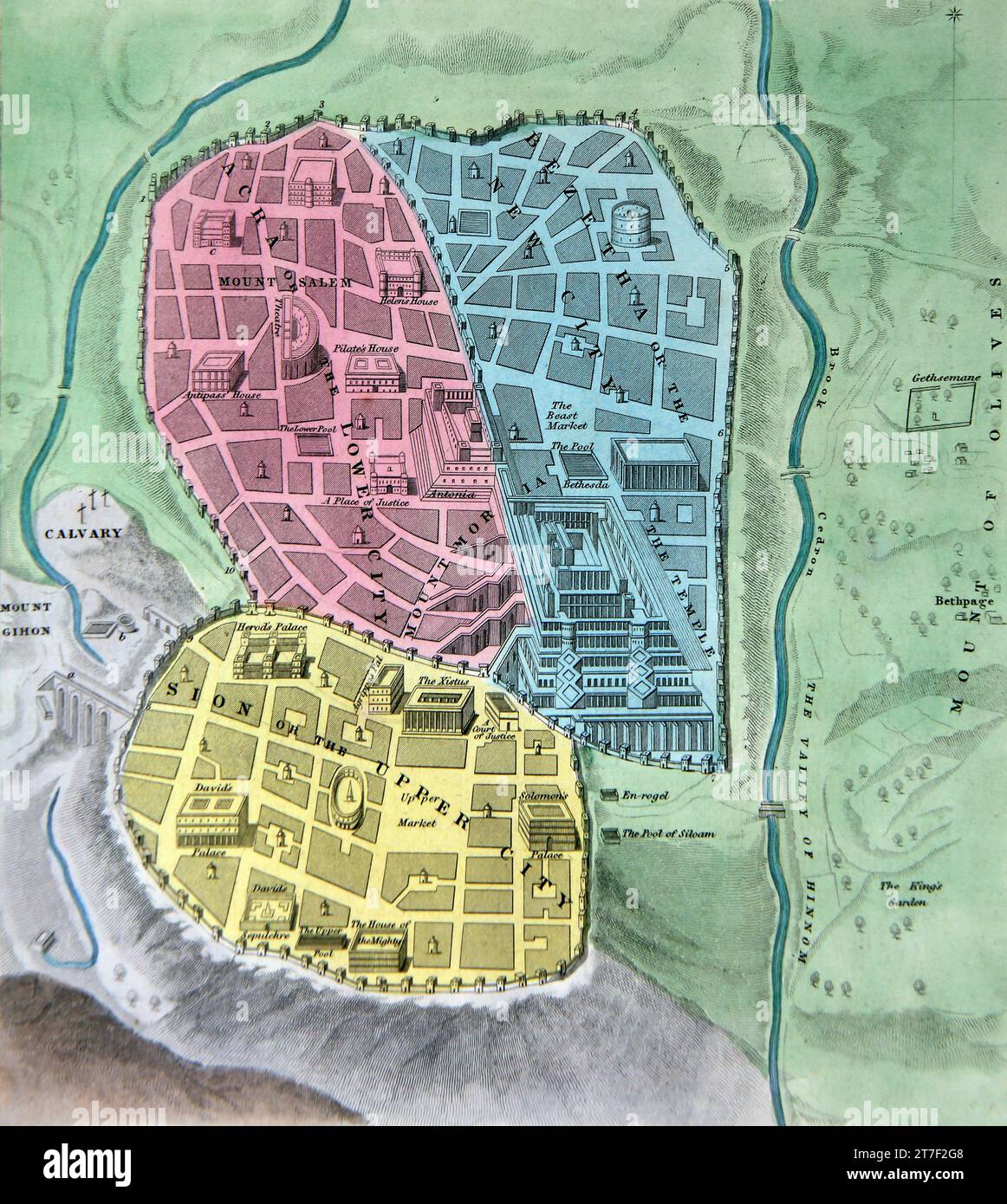 Illustration d'un plan de l'ancienne ville de Jérusalem Israël tiré de la Bible de famille auto-interprétant Banque D'Images