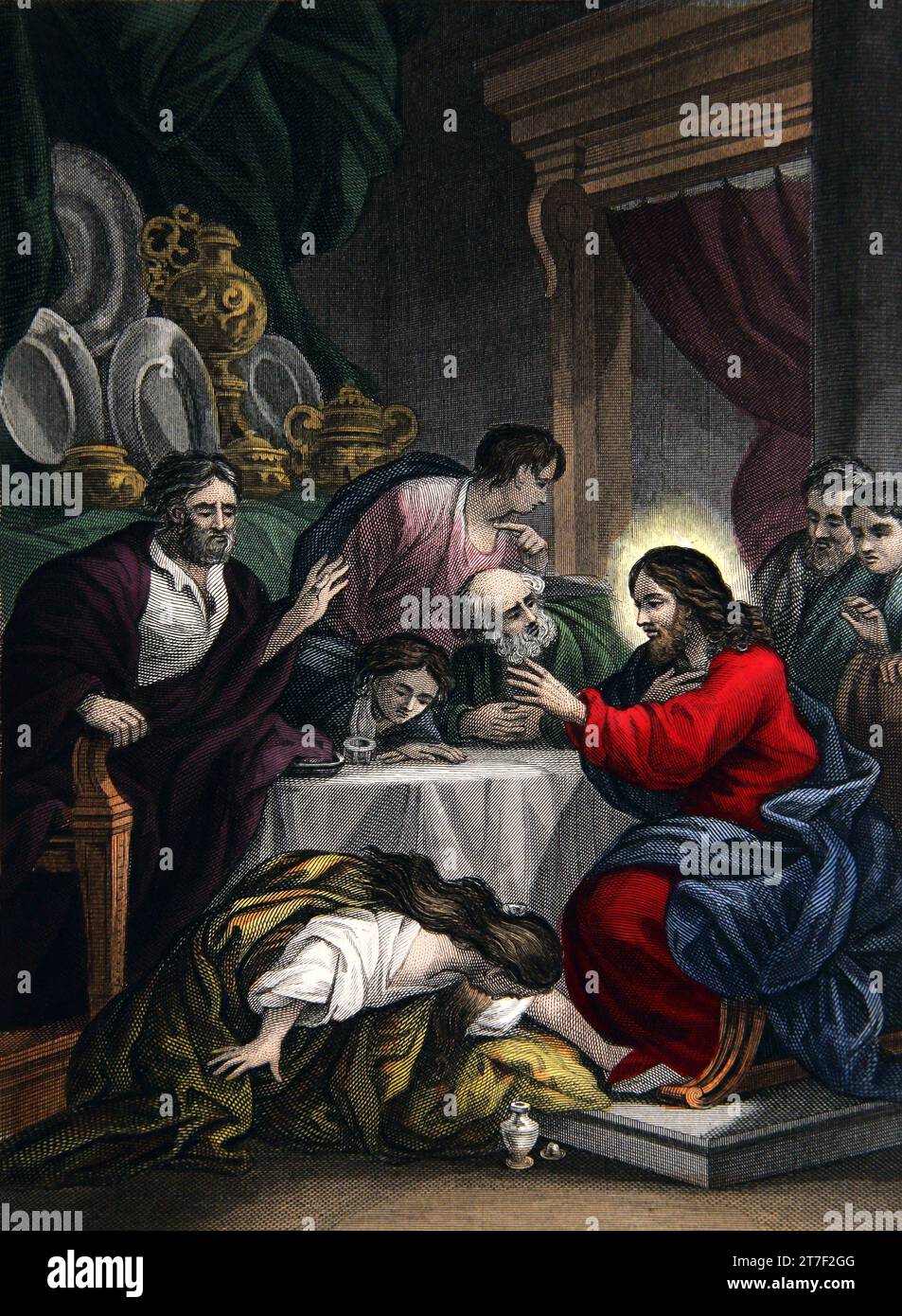 Illustration du Christ oint par Marie Madeleine qui oint ses pieds avec de l'huile et les essuya avec ses cheveux (Marc XIV.3) de l'auto-interprète Banque D'Images
