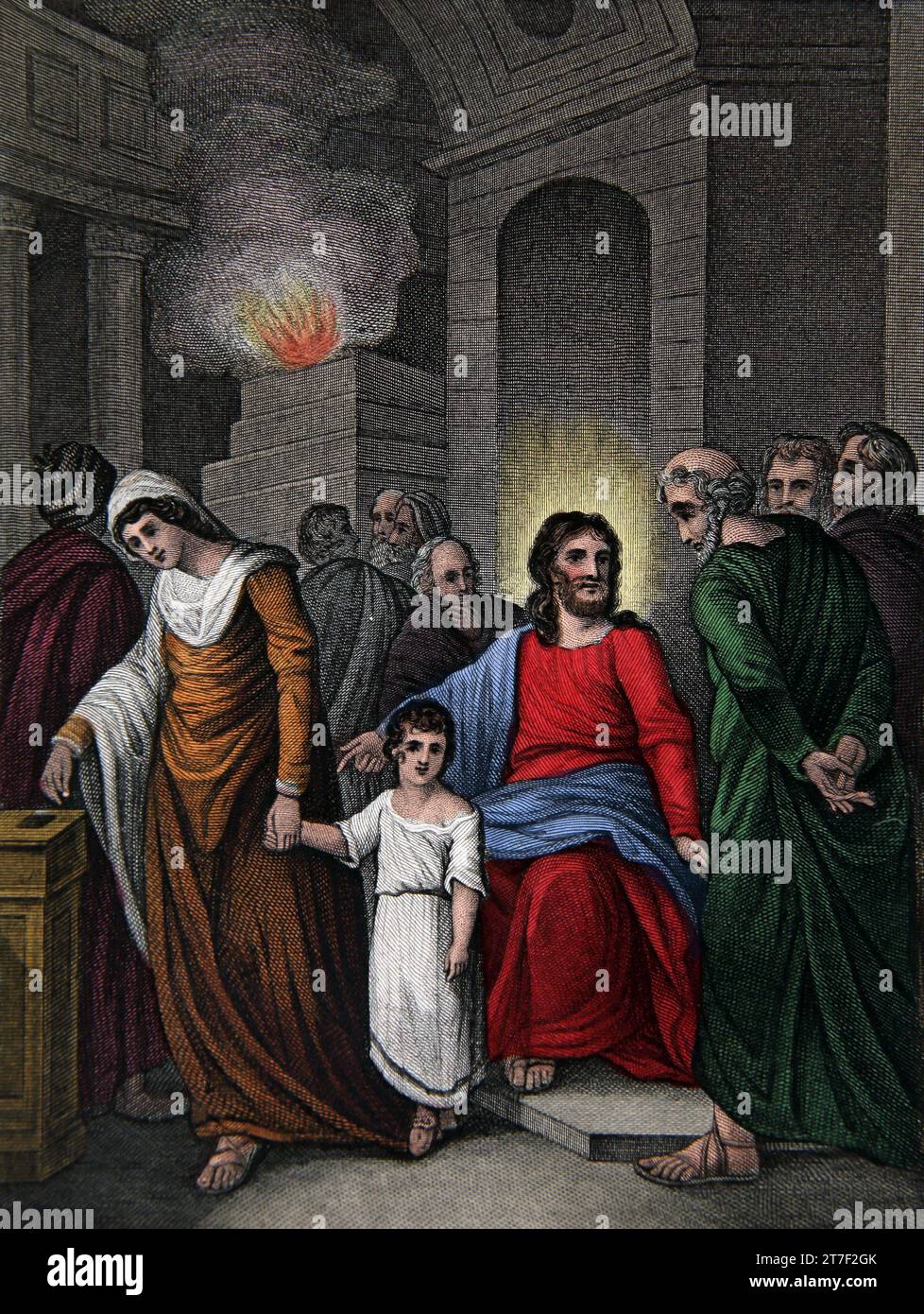Illustration de la Mite de la veuve (Marc XII 42.43) de la Bible de la famille auto-interprétante Banque D'Images