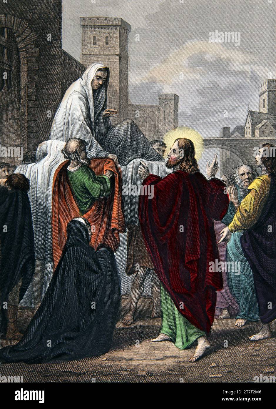 Illustration de Christ élevant le fils de la veuve Nain's (Luc) tirée de la Bible de la famille auto-interprétant Banque D'Images