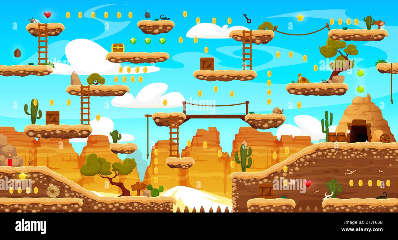 Carte de niveau de jeu d'arcade ouest sauvage avec plates-formes, canyons et montagnes. Couche de jeu mobile, jeu vidéo d'ordinateur ou fond vectoriel d'application de jeu mobile. Écran d'arcade rétro avec terrain désertique Illustration de Vecteur