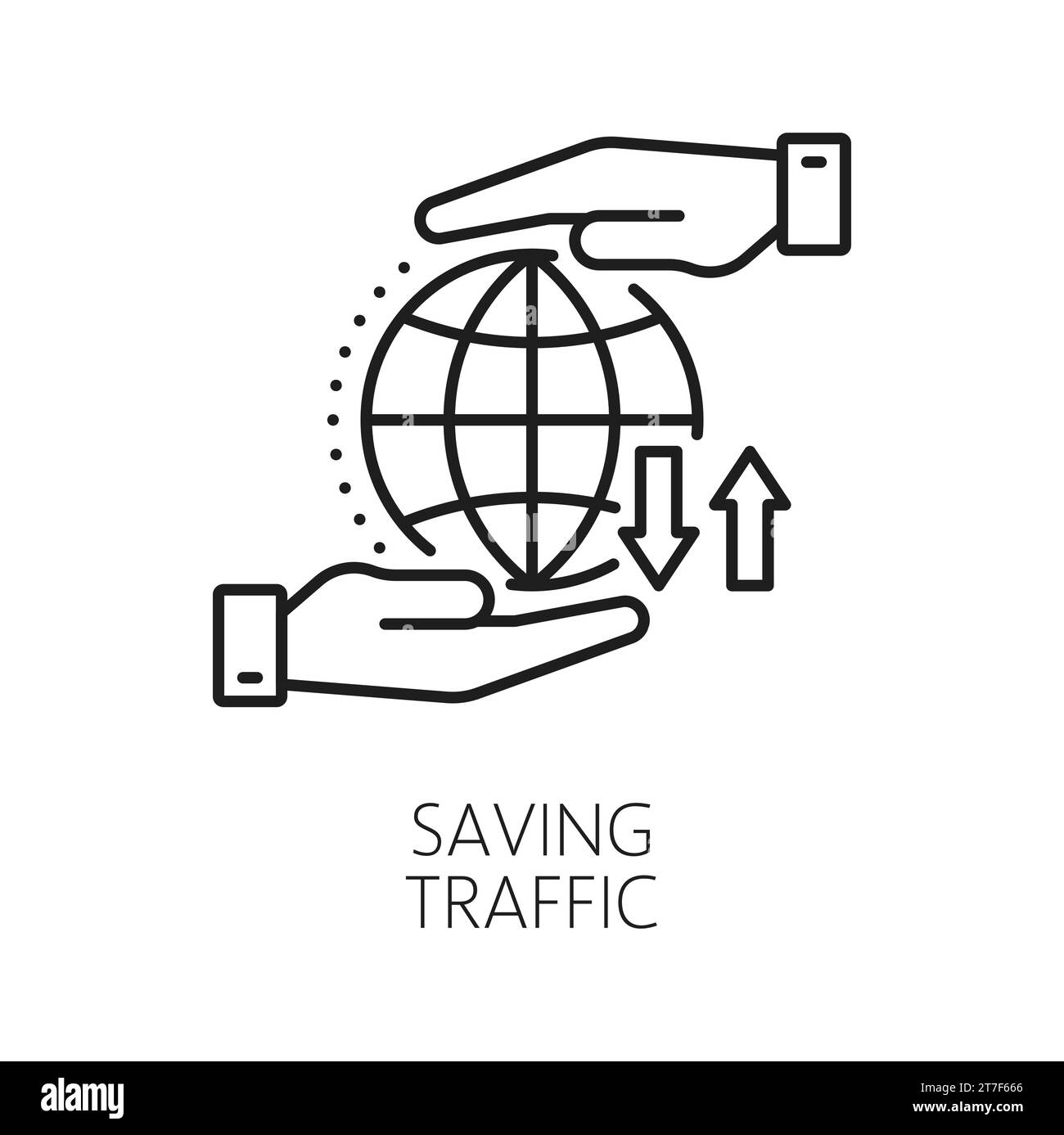 Économie de trafic. CDN. Icône de réseau de diffusion de contenu, technologie de trafic Web, blog ou portail Internet service de téléchargement et de mise à jour de fichiers, pictogramme vectoriel de contour CDN ou symbole avec globe et mains humaines Illustration de Vecteur