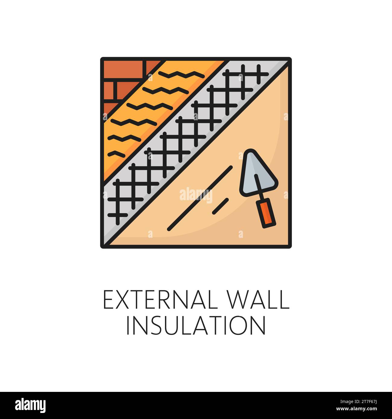 Icône d'isolation thermique de mur externe. Technologie d'économie d'énergie de façade de maison et matériel de protection thermique, système d'isolation thermique de bâtiment de maison icône de vecteur linéaire avec mur de brique, maille et truelle Illustration de Vecteur