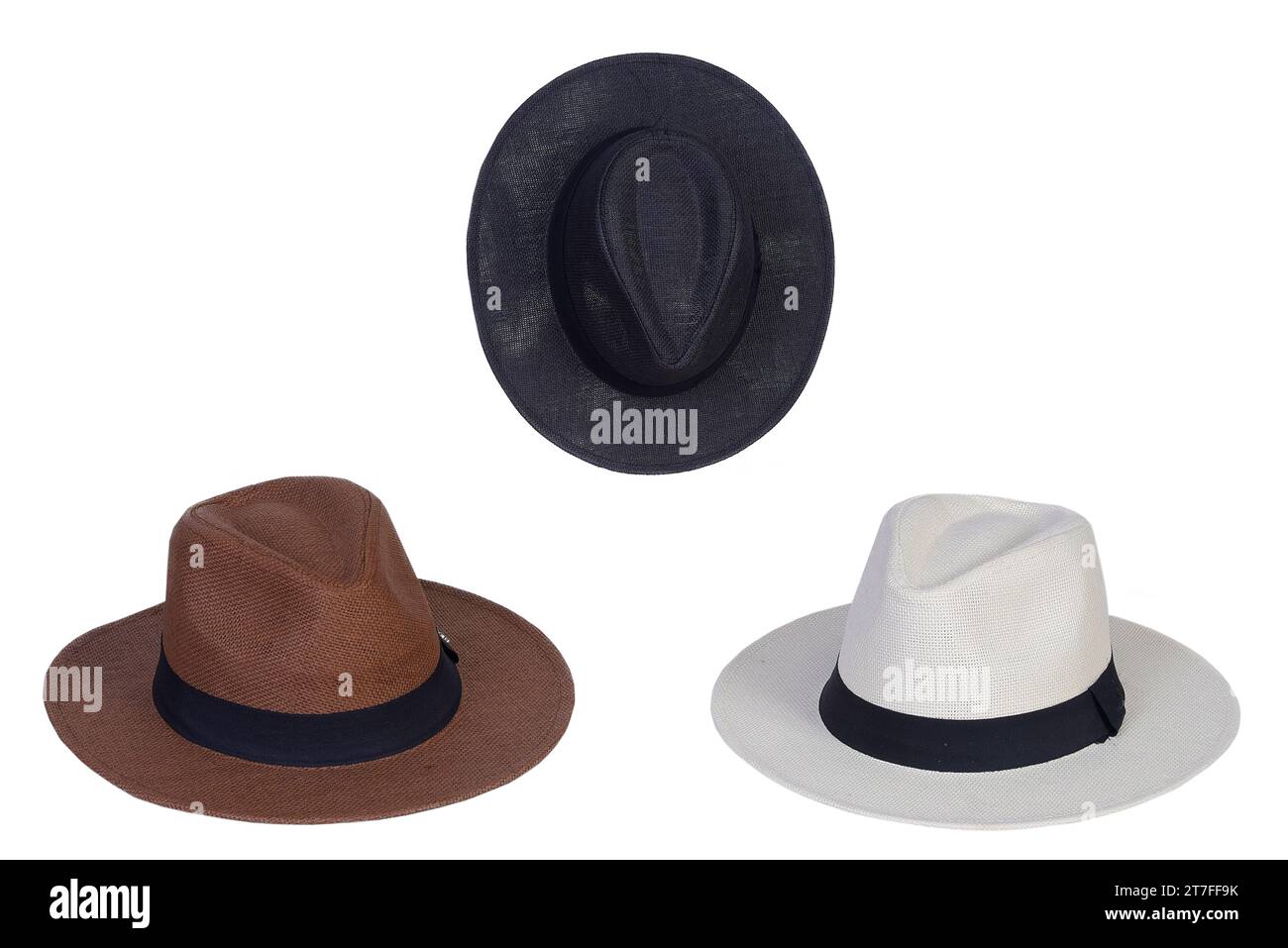 Chapeau de paille style chapeau Panama avec ruban noir isolé sur fond blanc, chapeau de paille pour femme et homme protection de tête iamge Banque D'Images