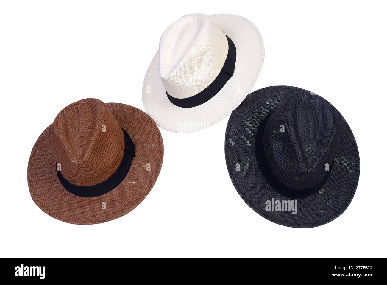 Chapeau de paille style chapeau Panama avec ruban noir isolé sur fond blanc, chapeau de paille pour femme et homme protection de tête iamge Banque D'Images