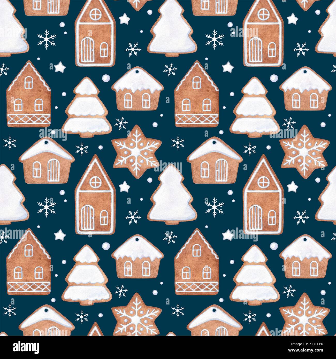 Motif sans couture en pain d'épice. Aquarelle illustration dessinée à la main de biscuits de pain d'épice de Noël avec glaçage blanc. Modèle pour emballage de Noël pap Banque D'Images
