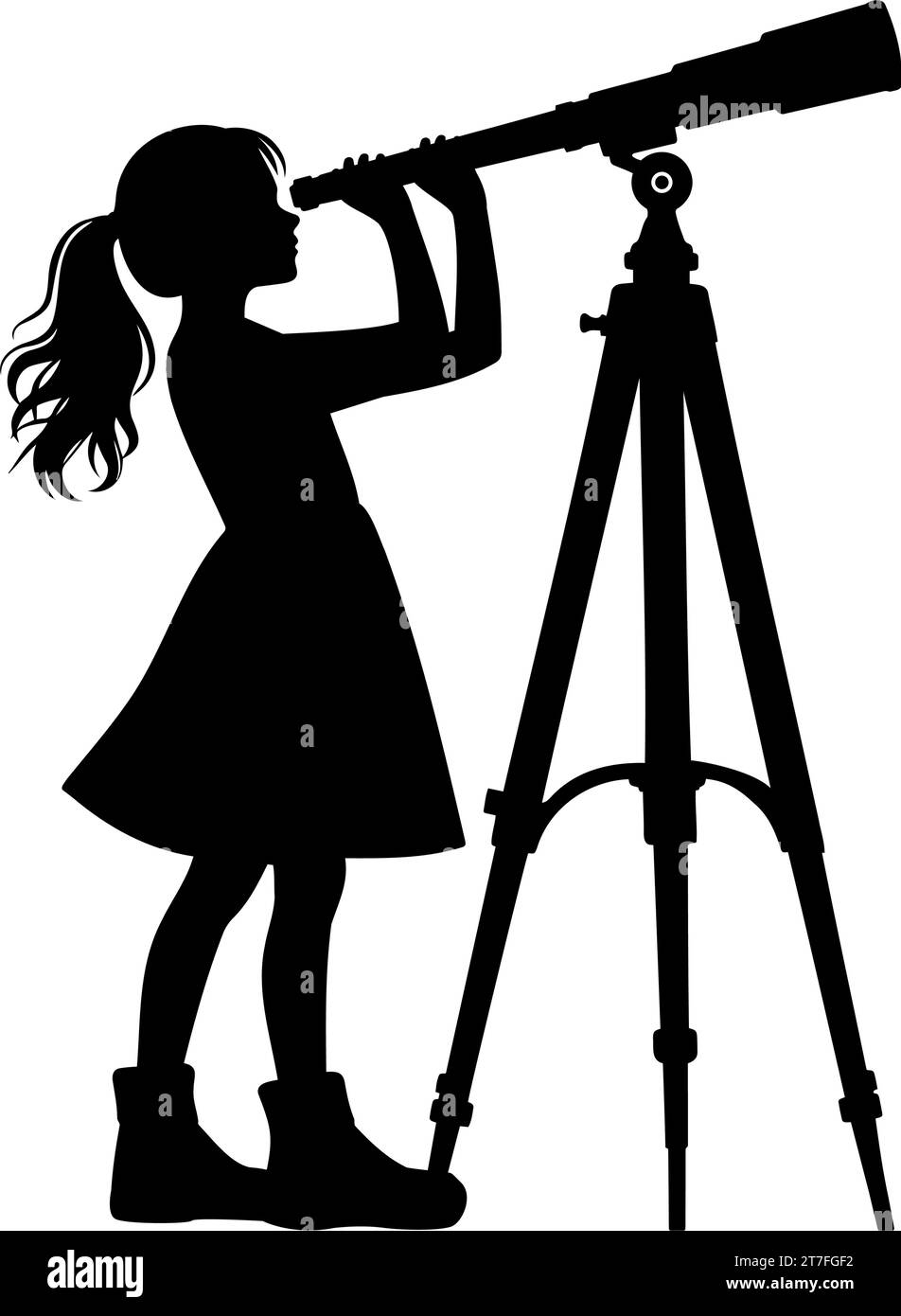 Fille regardant à travers la silhouette de télescope. Illustration vectorielle Illustration de Vecteur