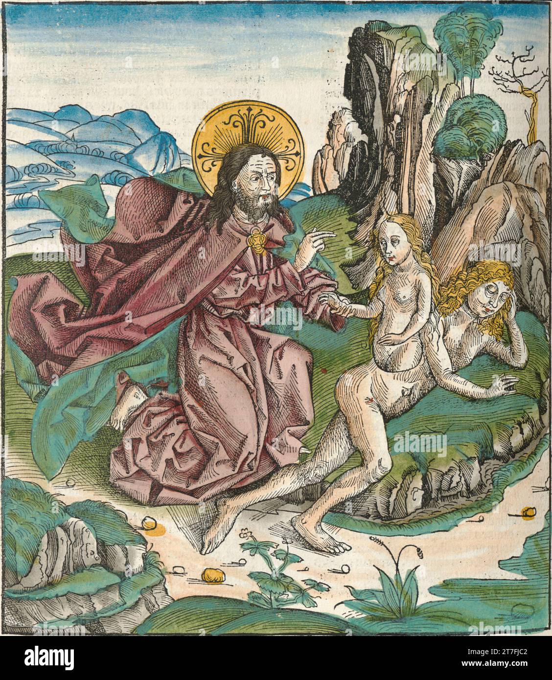 Dieu créant Eve à partir de la nervure d'Adam - Illustration de la chronique de Nuremberg, 1493. Illustré par Wilhelm Pleydenwurff et Michael Wolgemut Banque D'Images