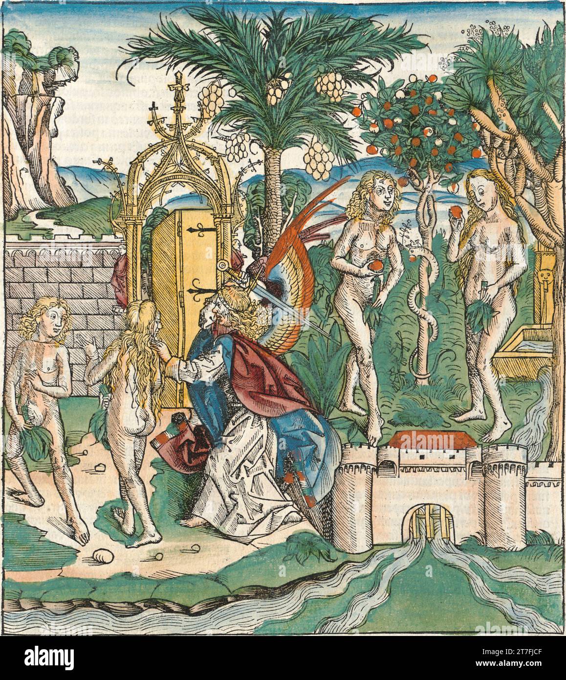 Adam et Ève banni d'Eden - Illustration de la chronique de Nuremberg, 1493. Illustré par Wilhelm Pleydenwurff et Michael Wolgemut Banque D'Images