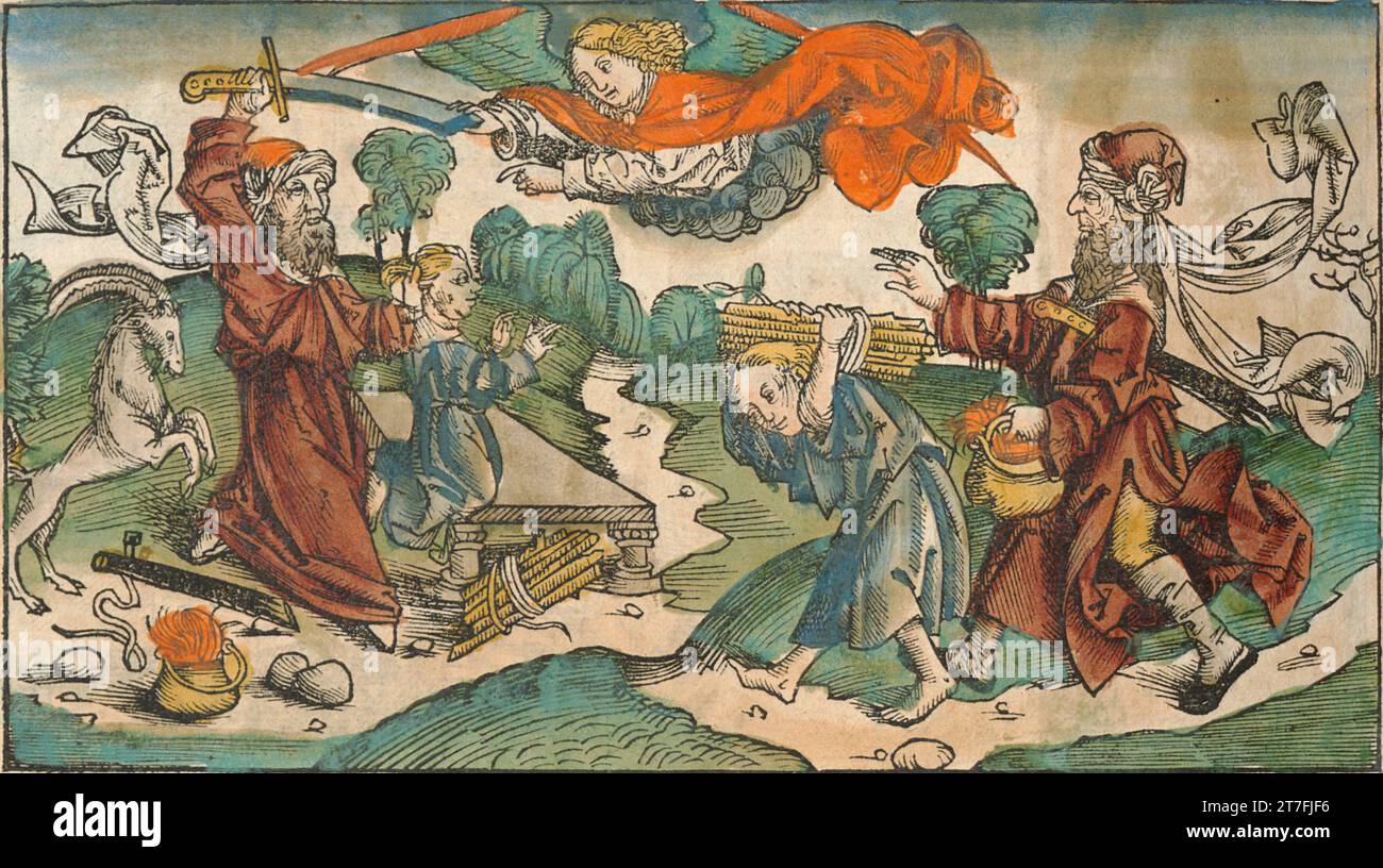 Dieu empêche Abraham de sacrifier Isaac - Illustration de la chronique de Nuremberg, 1493. Illustré par Wilhelm Pleydenwurff et Michael Wolgemut Banque D'Images