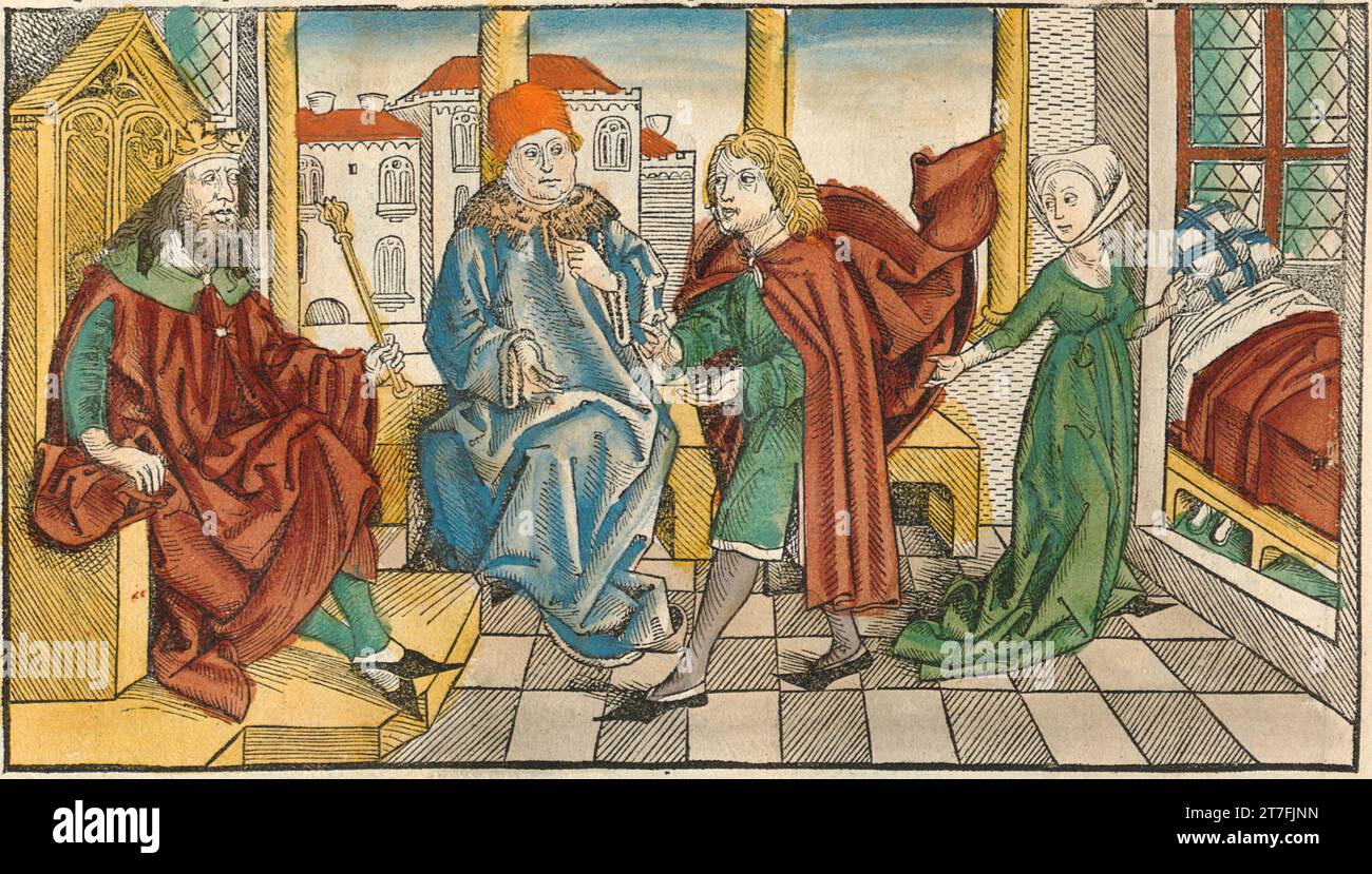 Représentation de la cour médiévale - Illustration de la chronique de Nuremberg, 1493. Illustré par Wilhelm Pleydenwurff et Michael Wolgemut Banque D'Images
