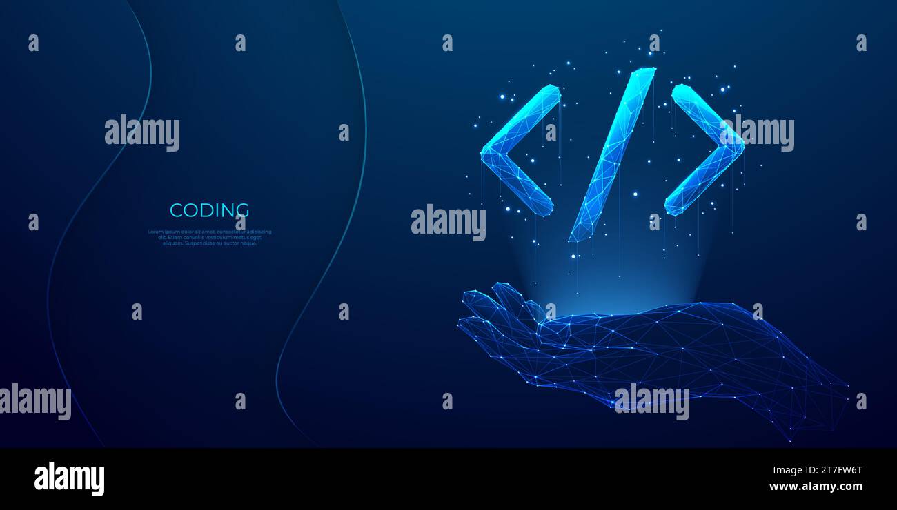 Main tenant le symbole de code de programmation dans le style futuriste bleu clair Illustration de Vecteur