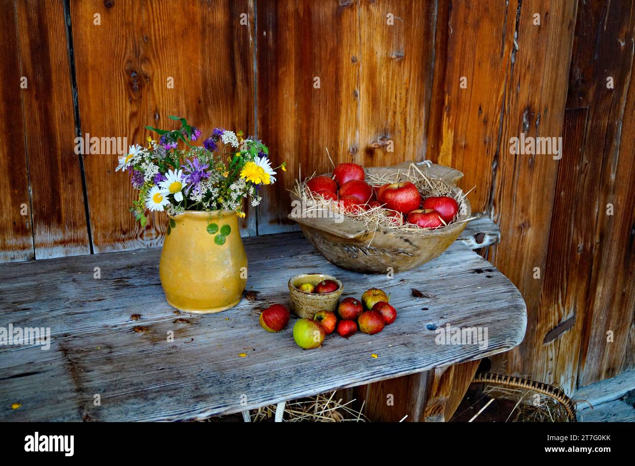 Paysage rural rustique avec un vieux vase jaune avec des fleurs des champs et des pommes rouges dans le panier sur le banc en bois dans le village bavarois Schwangau Banque D'Images