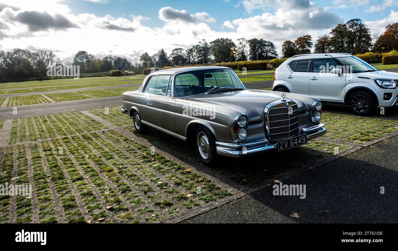 Coupé Mercedes-Benz argenté classique garé dans un spacieux terrain extérieur, mettant en valeur son élégant design vintage et sa calandre chromée polie. Banque D'Images