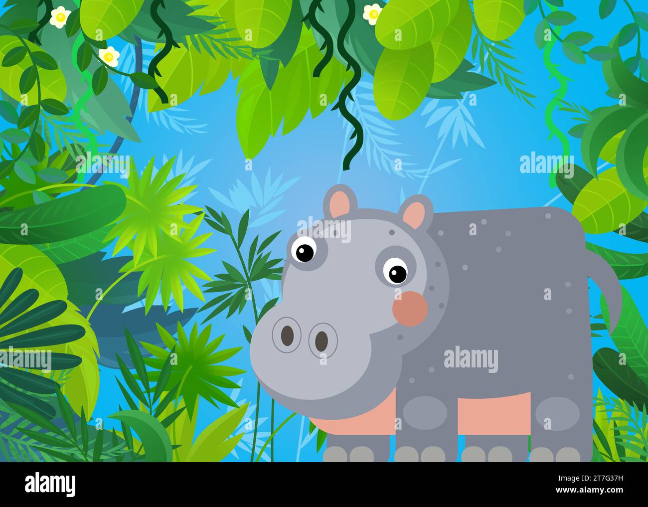 scène de dessin animé avec safari hippopotame hippotame animal illustration pour les enfants Banque D'Images