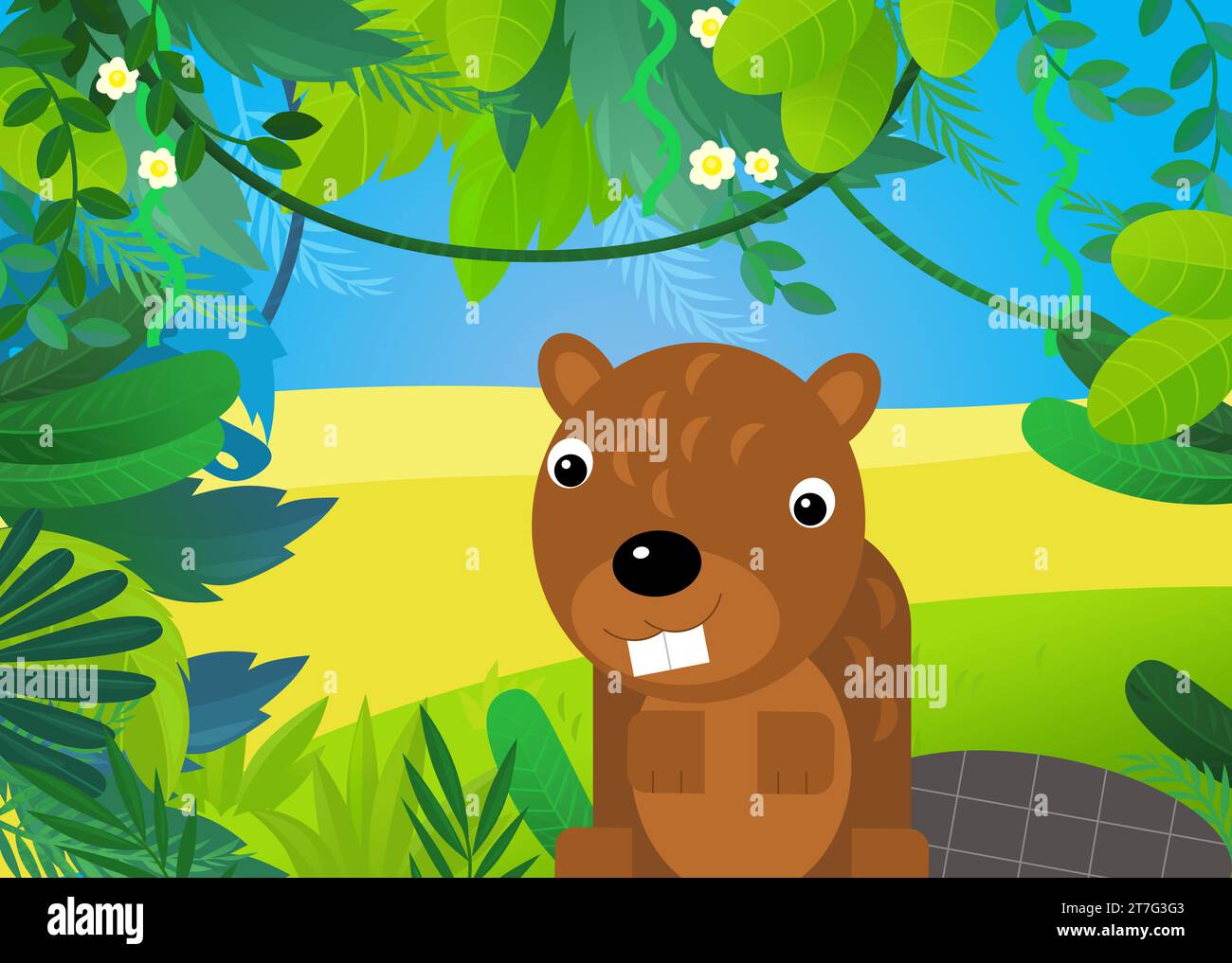 scène de dessin animé avec illustration de castor forestier et animal pour les enfants Banque D'Images