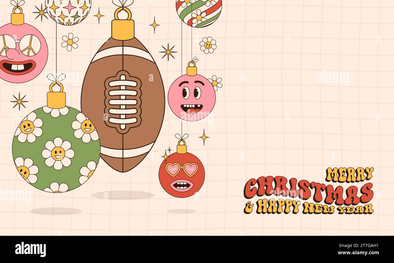 rugby Joyeux Noël et bonne année Groovy carte de voeux Sports. Boule suspendue comme une boule de Noël groovy sur fond vibrant. Illustration vectorielle Illustration de Vecteur