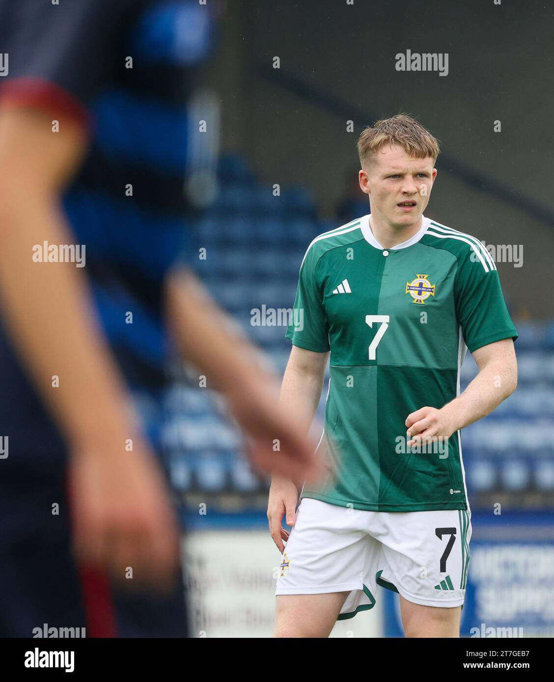 Mourneview Park, Lurgan, Irlande du Nord, Royaume-Uni. 07 septembre 2023. UEFA U21 Euro 2025 qualifier – Irlande du Nord contre Luxembourg. Joueur de football international U21 d'Irlande du Nord Terry Devlin (7). Banque D'Images