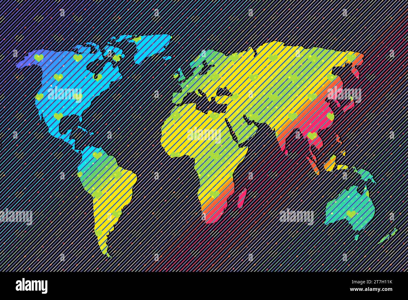 Conception de carte du monde avec motif de coeur. Terre avec continents. Carte de l'europe et de l'amérique, de l'Asie et de l'Australie. Modèle plat de carte de la Terre pour le site Web Banque D'Images