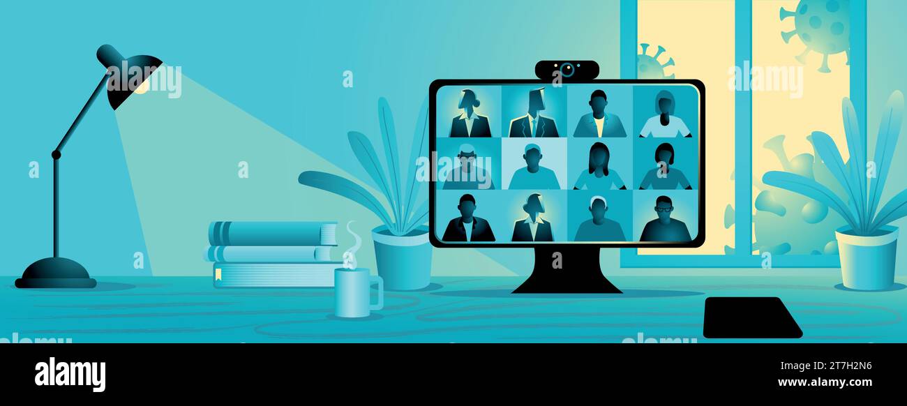 Restez et travaillez à domicile pendant la pandémie, illustration vectorielle de vidéo conférence. Écran d'ordinateur, groupe de personnes parlant via Internet Illustration de Vecteur