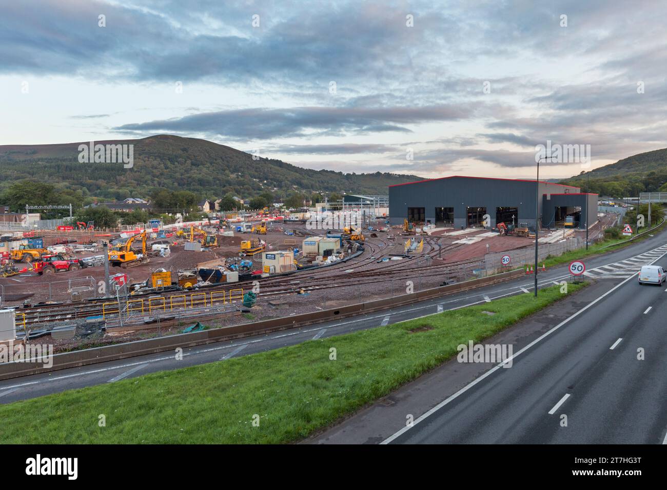 Dépôt de puits de Taff, Galles du Sud, Royaume-Uni Nouveau dépôt de tramway en construction pour le métro du sud du pays de Galles. Banque D'Images