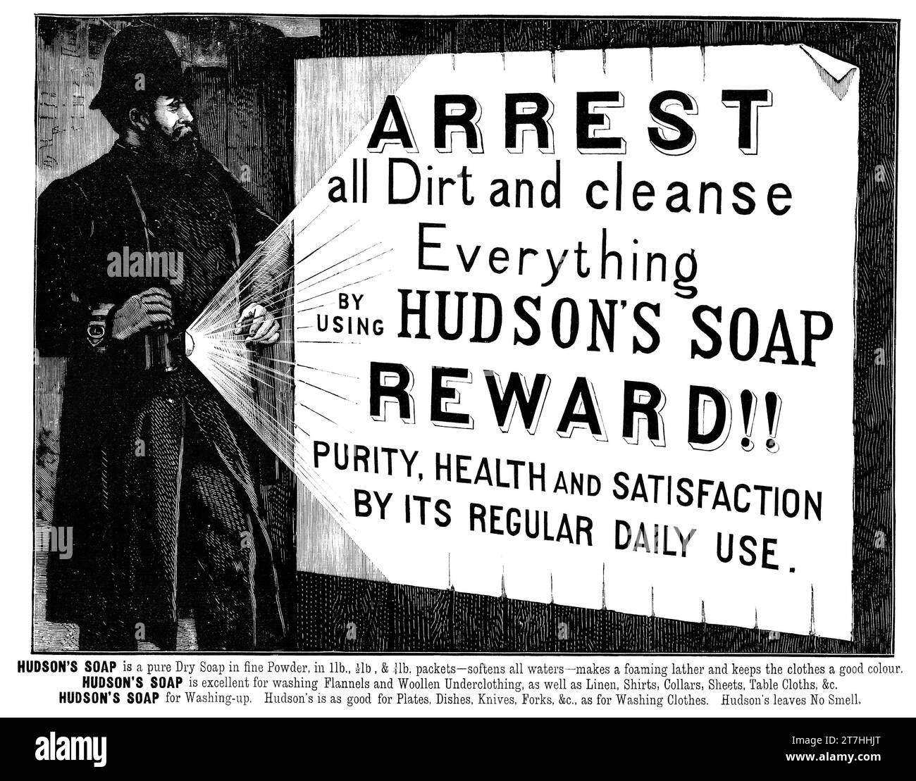 1889 Publicité victorienne britannique pour les flocons de savon d'Hudson. Banque D'Images