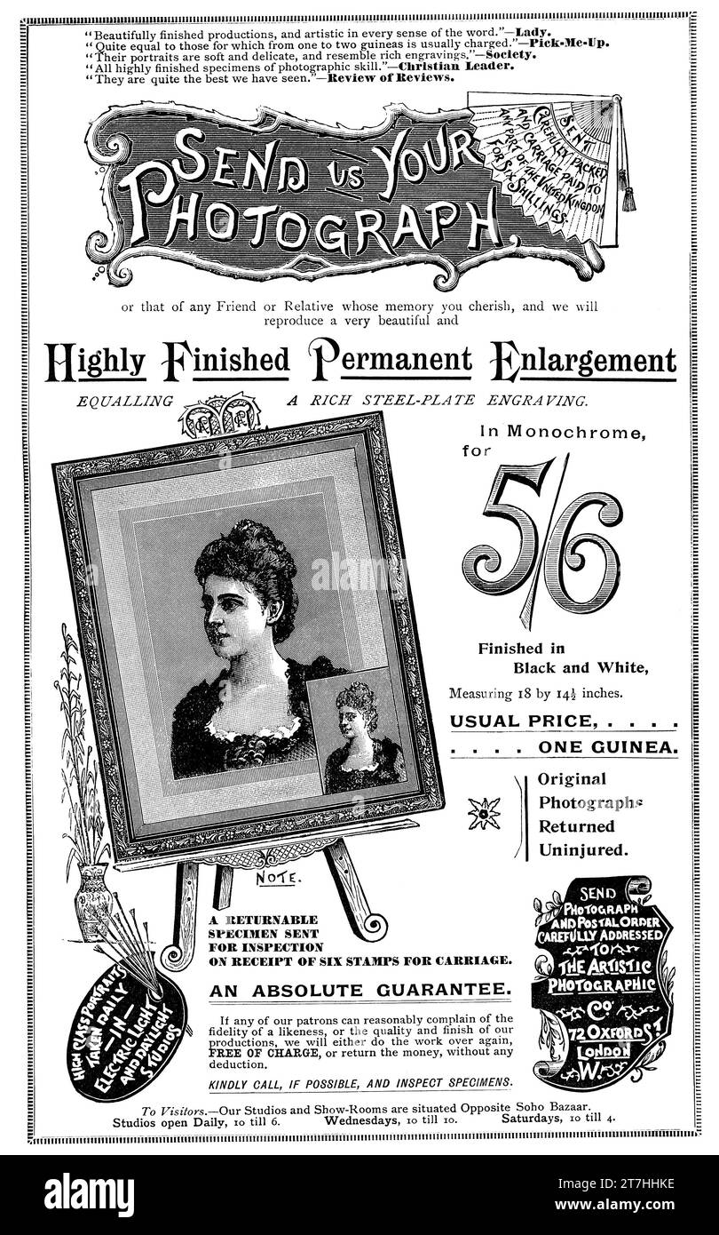 1895 Publicité britannique victorienne pour des reproductions photographiques par Artistic Photographic Co. À Oxford Street, Londres. Banque D'Images