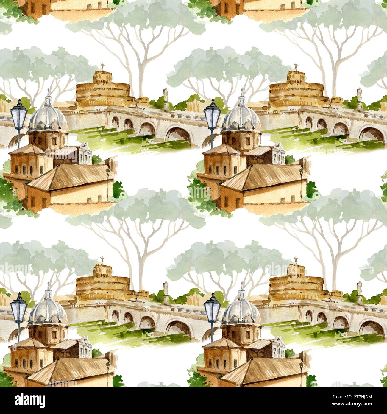 Aquarelle modèle sans couture avec vieilles maisons italiennes et pont, illustration de Rome, Italie, panorama dessiné à la main de la ville avec pin pinya et vieille stree Banque D'Images