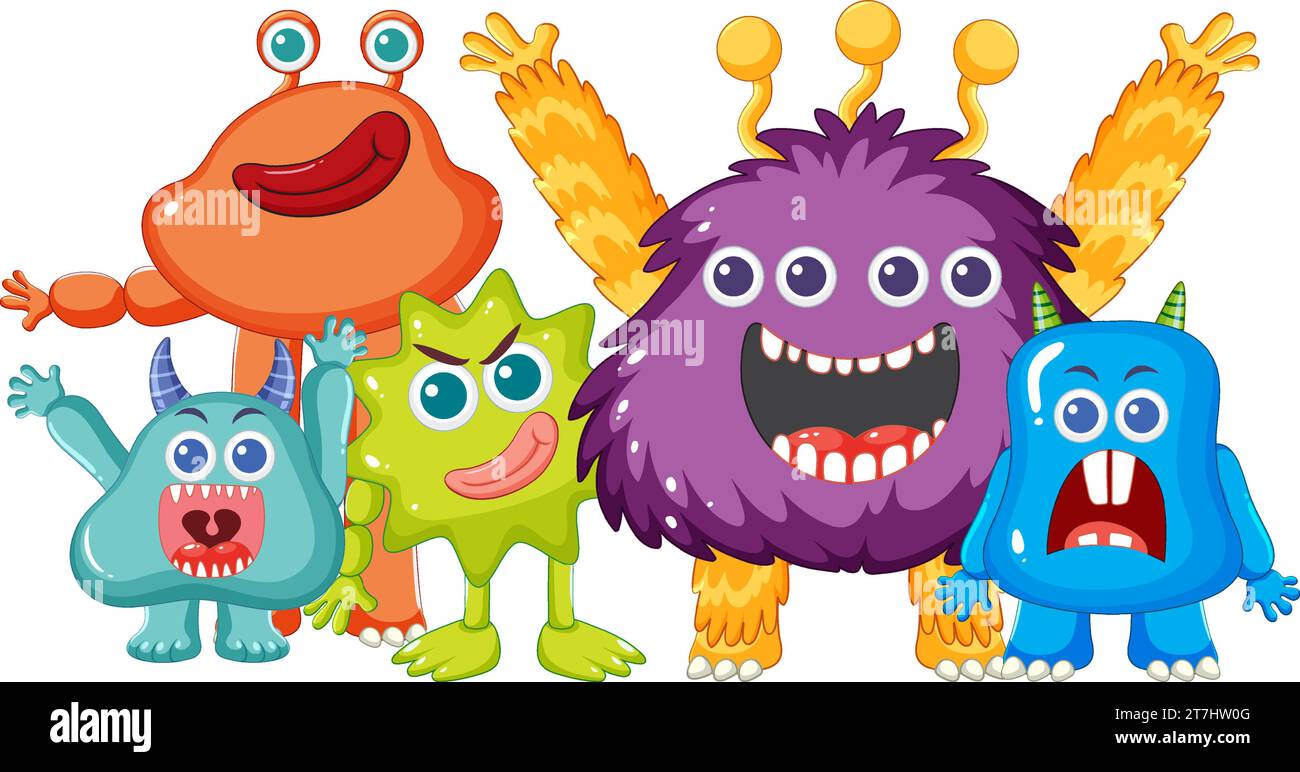 Un groupe d'adorables monstres extraterrestres dans un style de dessin animé vibrant Illustration de Vecteur