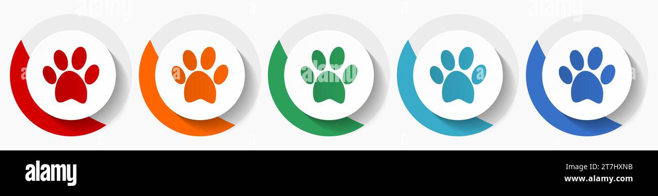 Ensemble d'icônes vectorielles d'empreinte de pied d'animal, icônes rondes colorées de conception plate dans 5 options de couleur pour le webdesign et les applications mobiles Illustration de Vecteur