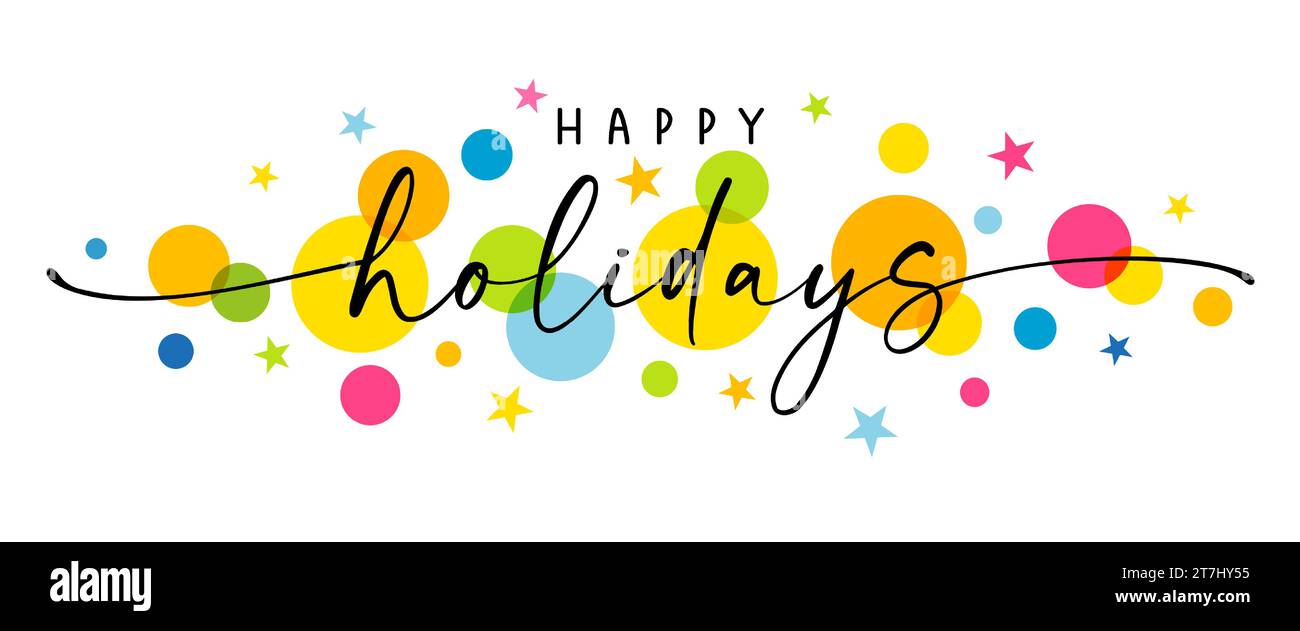 Joyeuses vacances phrase manuscrite avec des rubans tourbillonnaires et des cercles colorés. Illustration de texte à l'encre de Noël et du nouvel an isolé sur blanc. Art à la main Illustration de Vecteur