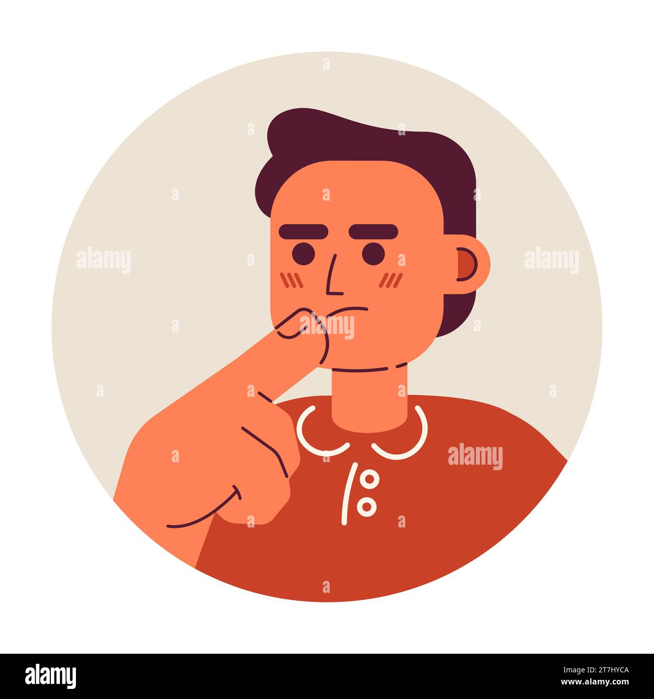 Homme européen aux cheveux courts touchant le menton illustration d'avatar vectoriel 2D. Illustration de Vecteur