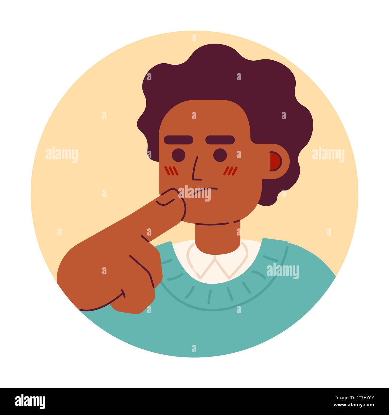 Afro cheveux jeune homme touchant le menton illustration d'avatar vectoriel 2D. Illustration de Vecteur