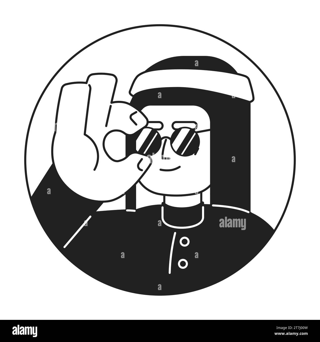 Cool homme saoudien ajustant lunettes de soleil noir et blanc illustration d'avatar vectoriel 2D. Illustration de Vecteur