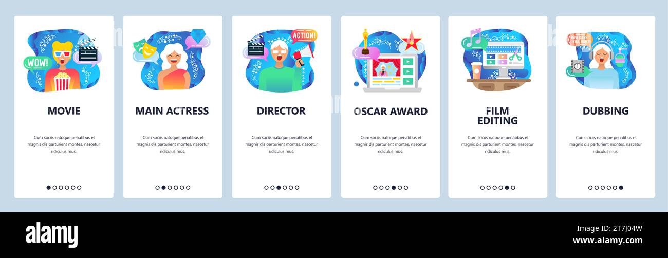 Écrans d'intégration des applications mobiles. Production de films, réalisateur, spectateur de cinéma. Modèle de bannière de vecteur de menu pour le développement de site Web et mobile. Web SIT Illustration de Vecteur