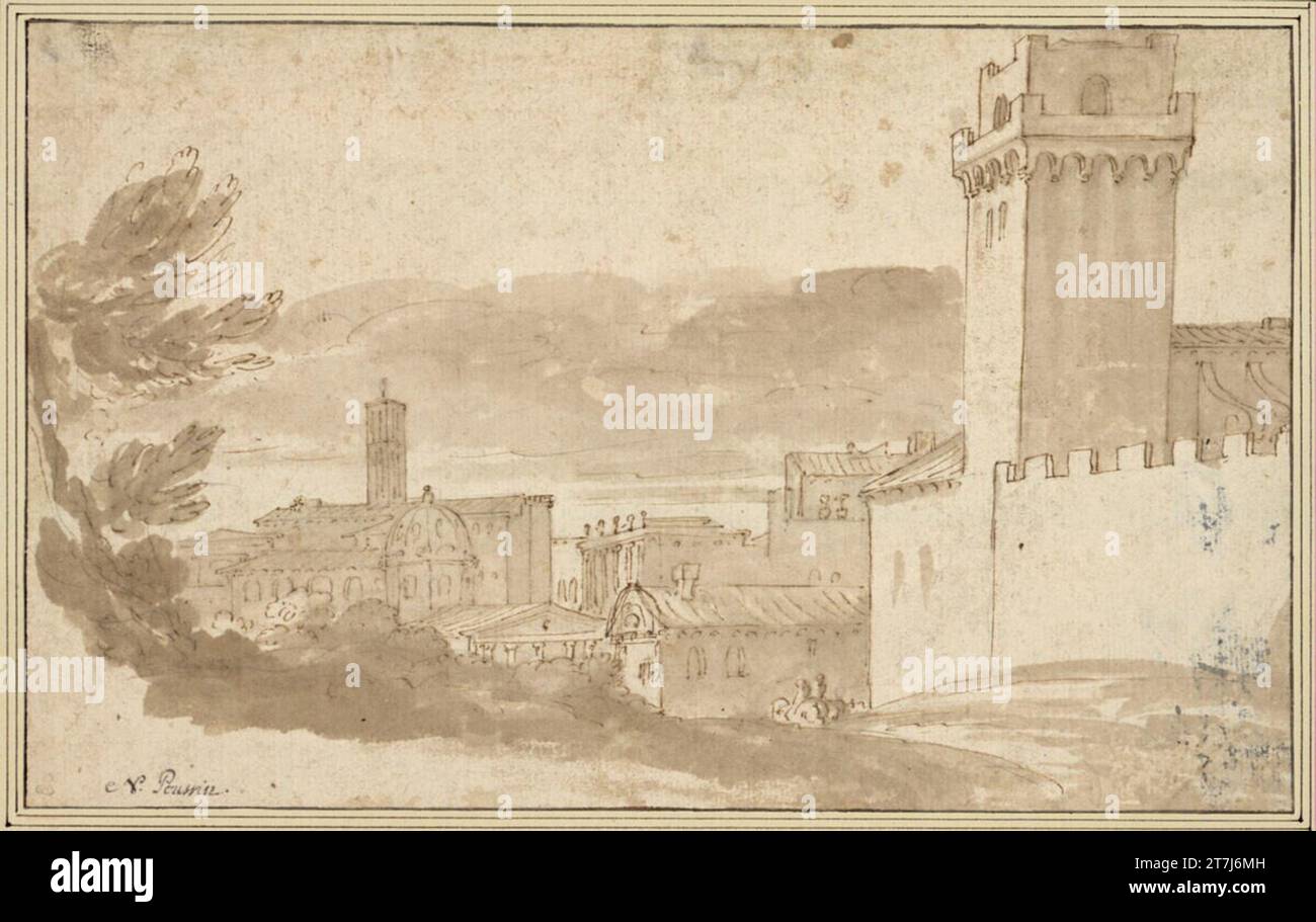 Jacob van der Ulft vue de Rome, de S. Pietro in Vincoli . FEDER en brun, gris -brun lavé, sur crayon graphite. Saleté légère continue ; réf. Sous les taches grises (pénétrées par l'arrière). Banque D'Images