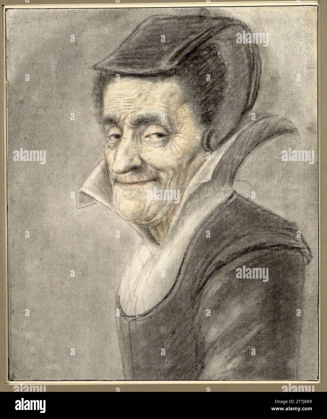 Nicolas Lagneau Portrait d'une vieille femme souriante espiègle avec un col haut debout et une capuche ouverte, buste, profil trois quarts à gauche. Craie de pierre, charbon, essuyé, rougeâtre, pastel Banque D'Images