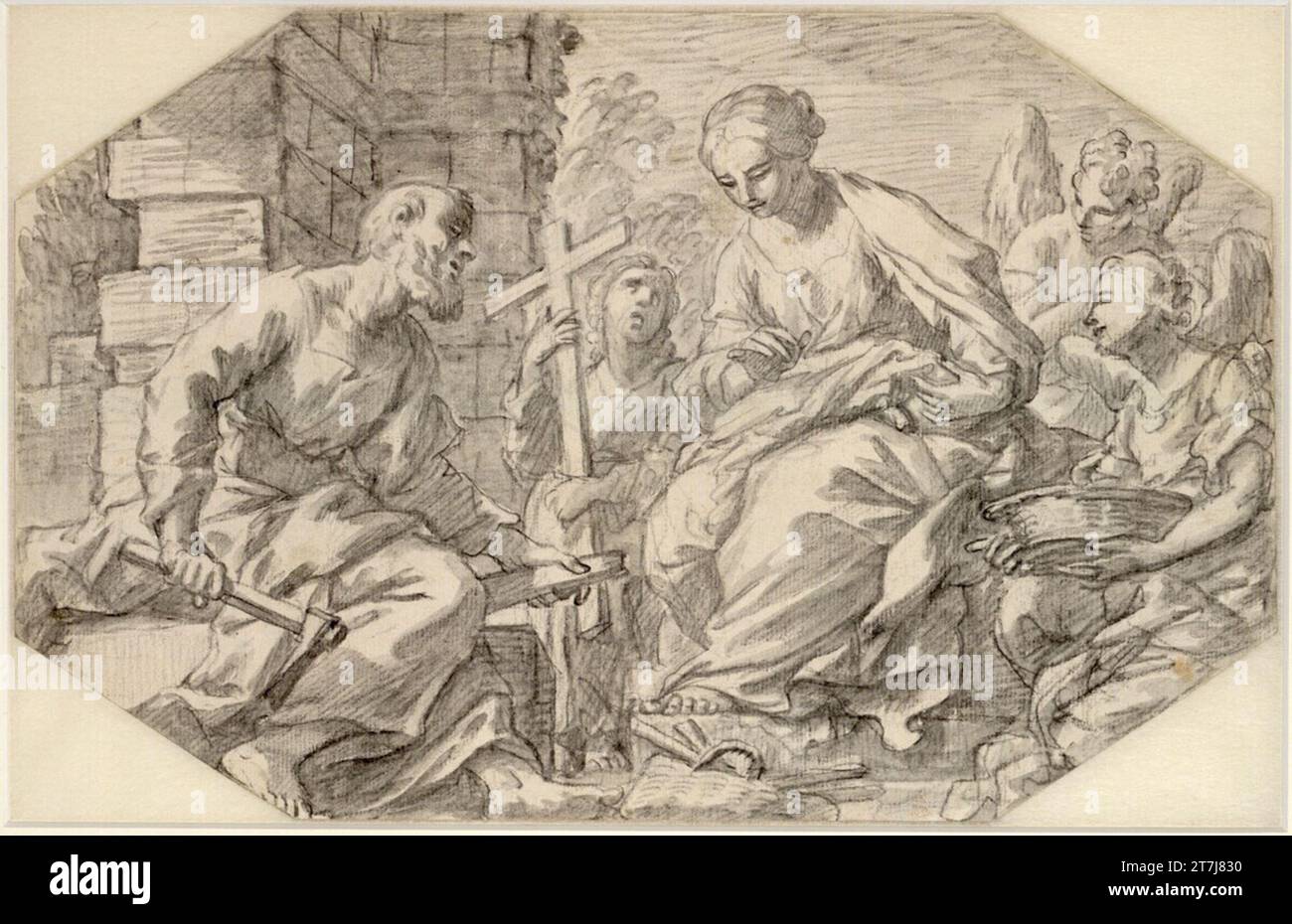 Benedetto Luti Maria et Joseph avec trois anges. Craie ; lavée grise ; octogonale recadrée Banque D'Images