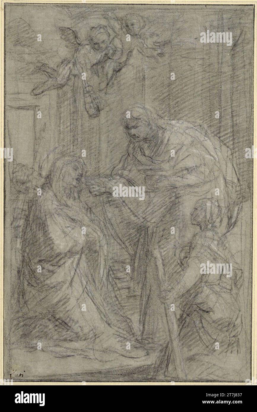 Benedetto Luti Communion d'un saint. Craie noire et blanche ; papier gris Banque D'Images