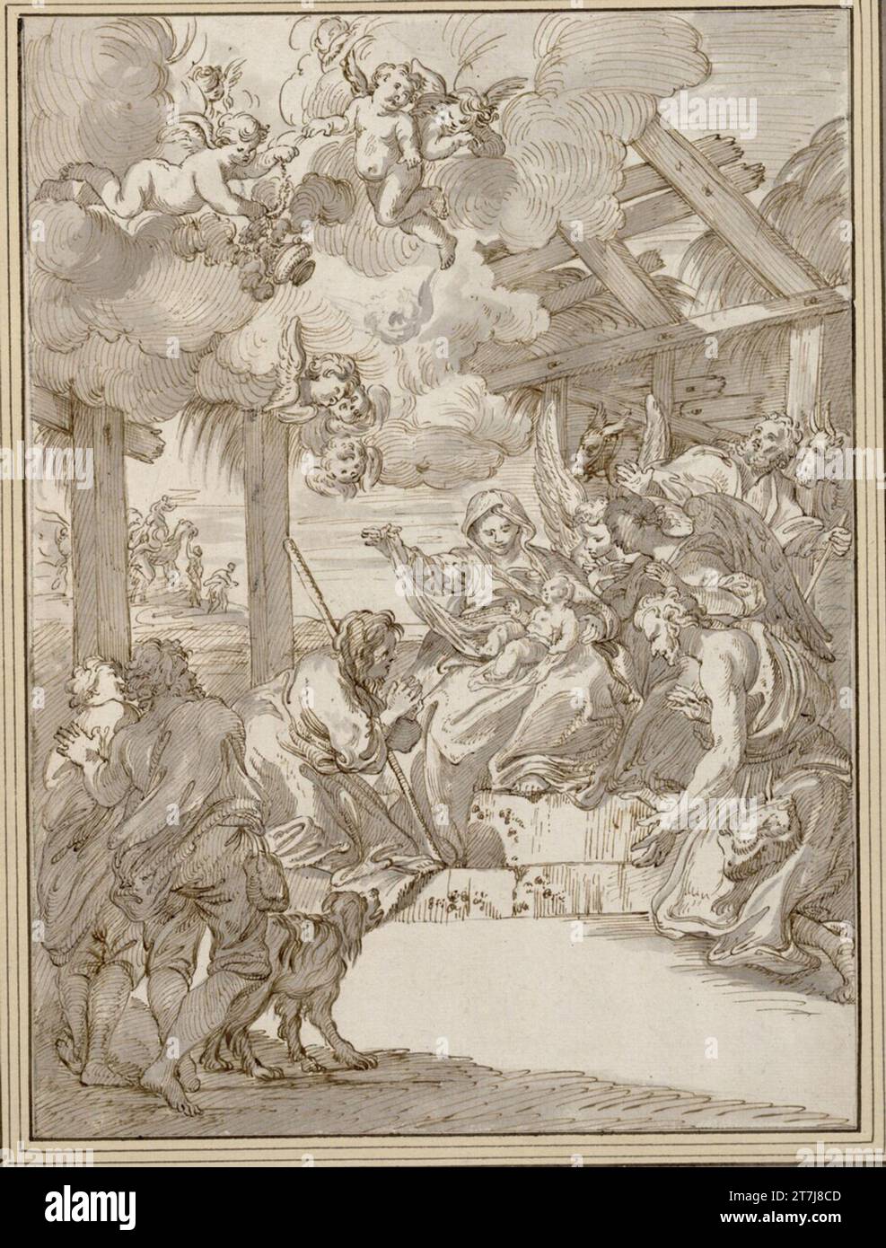 Pier Leone Ghezzi adoration des bergers. FEDER, gris-lavé Banque D'Images