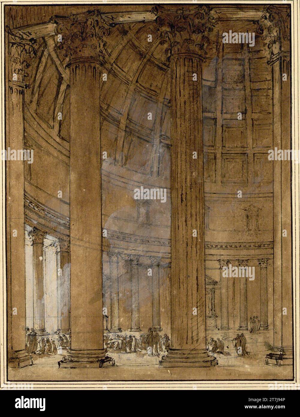 Charles-Louis Clérisseau vue à l'intérieur du panthéon de Rome. FEDER en noir, pinceau, brun lavé, blanc augmente Banque D'Images